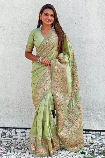 Pistachio green pashmina kashmiri silk zari woven saree