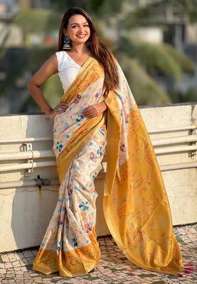 Gold tussar silk kalamkari printed saree with zari woven border 4