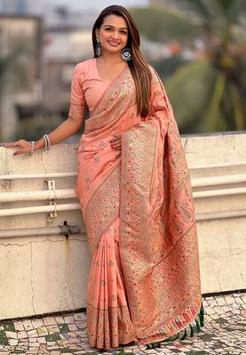 Peach pashmina kashmiri silk zari woven saree 5