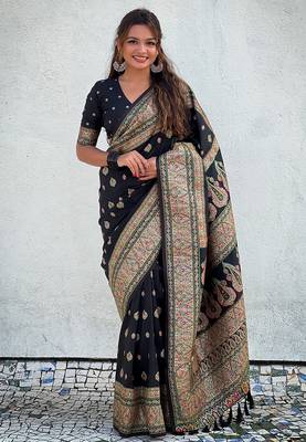 Jade black pashmina kashmiri silk zari woven saree 2
