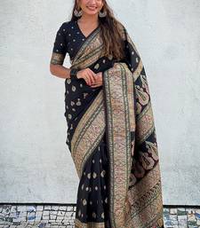 Jade black pashmina kashmiri silk zari woven saree