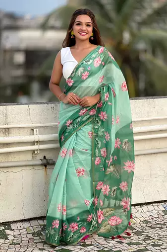 Sea green chanderi cotton pichwai printed saree with zari woven border
