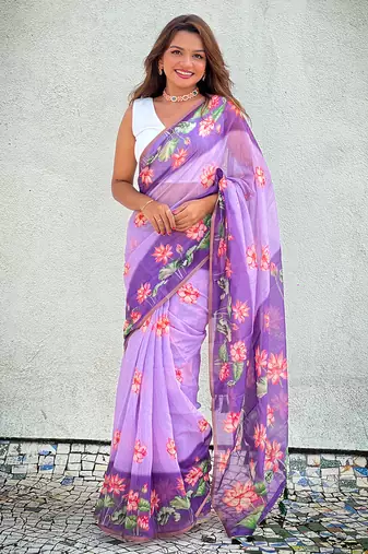 Lavender chanderi cotton pichwai printed saree with zari woven border