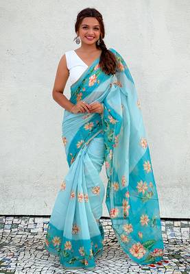 Sky blue chanderi cotton pichwai printed saree with zari woven border 1
