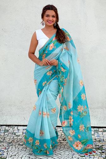 Sky blue chanderi cotton pichwai printed saree with zari woven border