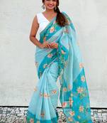 Sky blue chanderi cotton pichwai printed saree with zari woven border