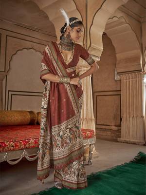 Elora soft silk baluchari printed saree (brick red) 1