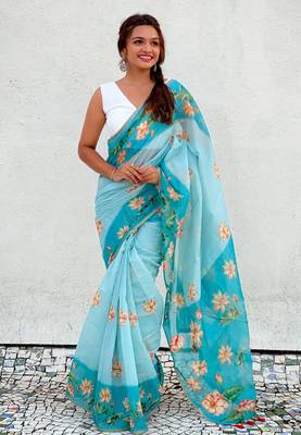 Sky blue chanderi cotton pichwai printed saree with zari woven border 4