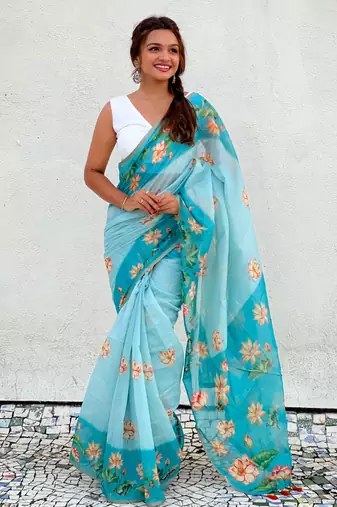 Sky blue chanderi cotton pichwai printed saree with zari woven border