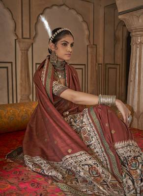 Elora soft silk baluchari printed saree (brick red) 2