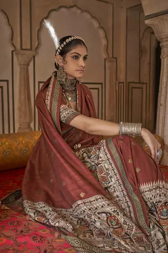 Elora soft silk baluchari printed saree (brick red)