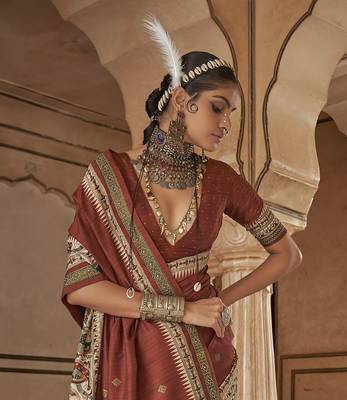 Elora soft silk baluchari printed saree (brick red) 3