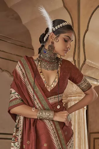 Elora soft silk baluchari printed saree (brick red)