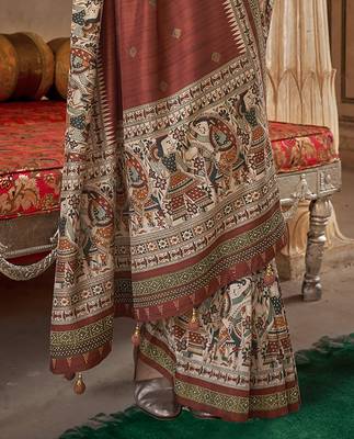 Elora soft silk baluchari printed saree (brick red) 4