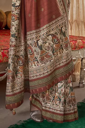 Elora soft silk baluchari printed saree (brick red)