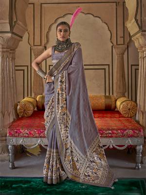 Elora soft silk baluchari printed saree (grey) 1