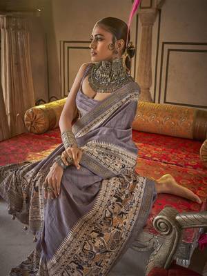 Elora soft silk baluchari printed saree (grey) 4