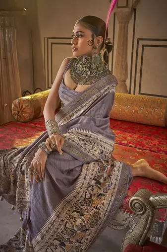 Elora soft silk baluchari printed saree (grey)