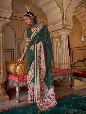 Elora soft silk baluchari printed saree (dark green) 1