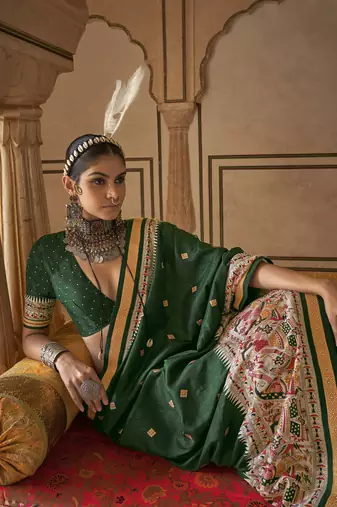 Elora soft silk baluchari printed saree (dark green)