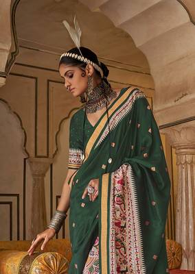 Elora soft silk baluchari printed saree (dark green) 3