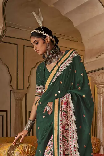 Elora soft silk baluchari printed saree (dark green)