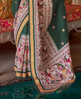 Elora soft silk baluchari printed saree (dark green) 4