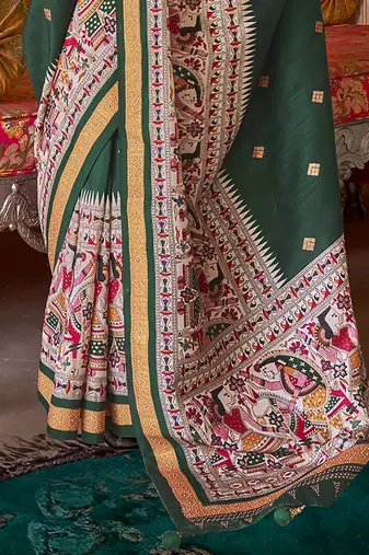 Elora soft silk baluchari printed saree (dark green)