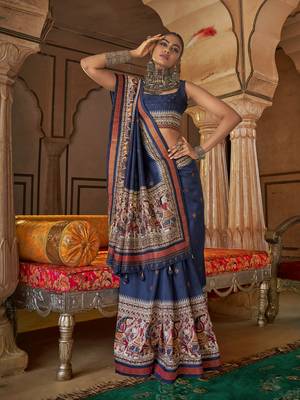 Elora soft silk baluchari printed saree (navy blue) 1