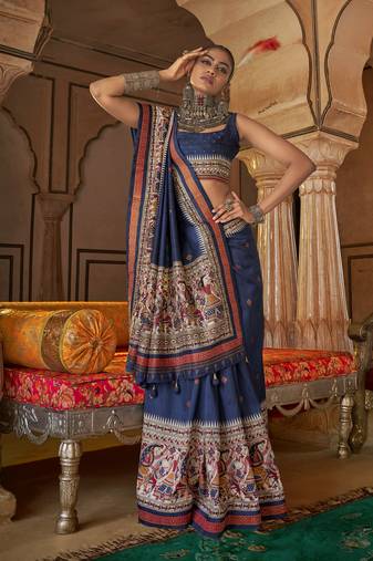 Elora soft silk baluchari printed saree (navy blue)