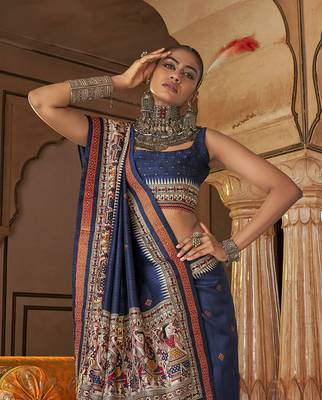 Elora soft silk baluchari printed saree (navy blue) 3