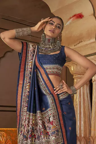 Elora soft silk baluchari printed saree (navy blue)