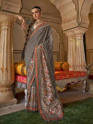 Elora soft silk baluchari printed saree (dark grey) 1