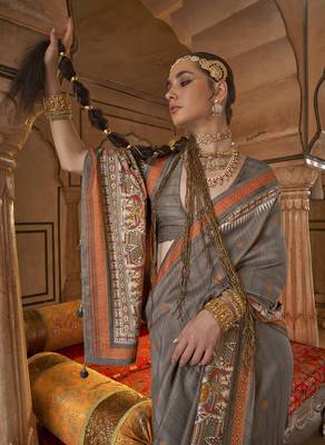 Elora soft silk baluchari printed saree (dark grey) 2
