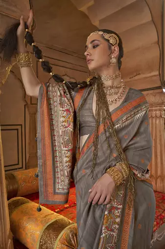 Elora soft silk baluchari printed saree (dark grey)