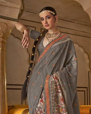 Elora soft silk baluchari printed saree (dark grey) 3