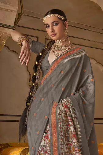 Elora soft silk baluchari printed saree (dark grey)