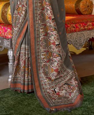 Elora soft silk baluchari printed saree (dark grey) 4
