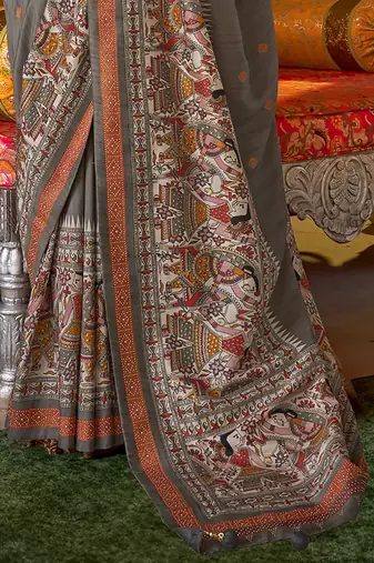 Elora soft silk baluchari printed saree (dark grey)