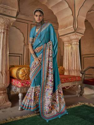 Elora soft silk baluchari printed saree (turquoise blue) 1