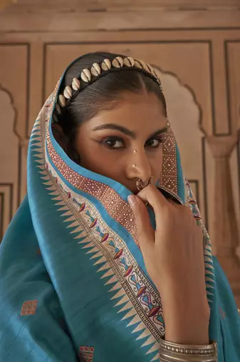 Elora soft silk baluchari printed saree (turquoise blue)