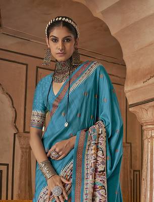 Elora soft silk baluchari printed saree (turquoise blue) 3