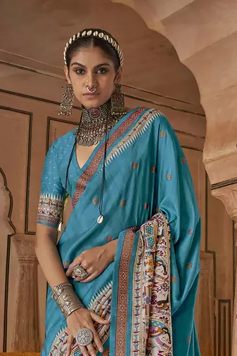 Elora soft silk baluchari printed saree (turquoise blue)