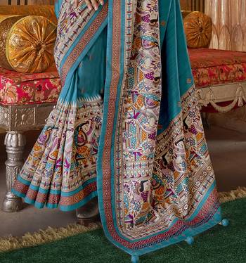 Elora soft silk baluchari printed saree (turquoise blue) 4