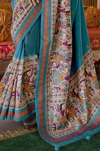 Elora soft silk baluchari printed saree (turquoise blue)