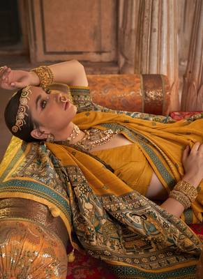 Elora soft silk baluchari printed saree (mustard) 2