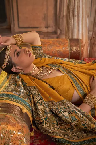 Elora soft silk baluchari printed saree (mustard)
