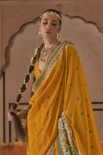 Elora soft silk baluchari printed saree (mustard)