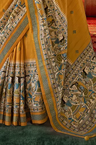 Elora soft silk baluchari printed saree (mustard)