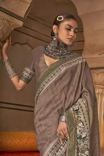 Elora soft silk baluchari printed saree (brown)